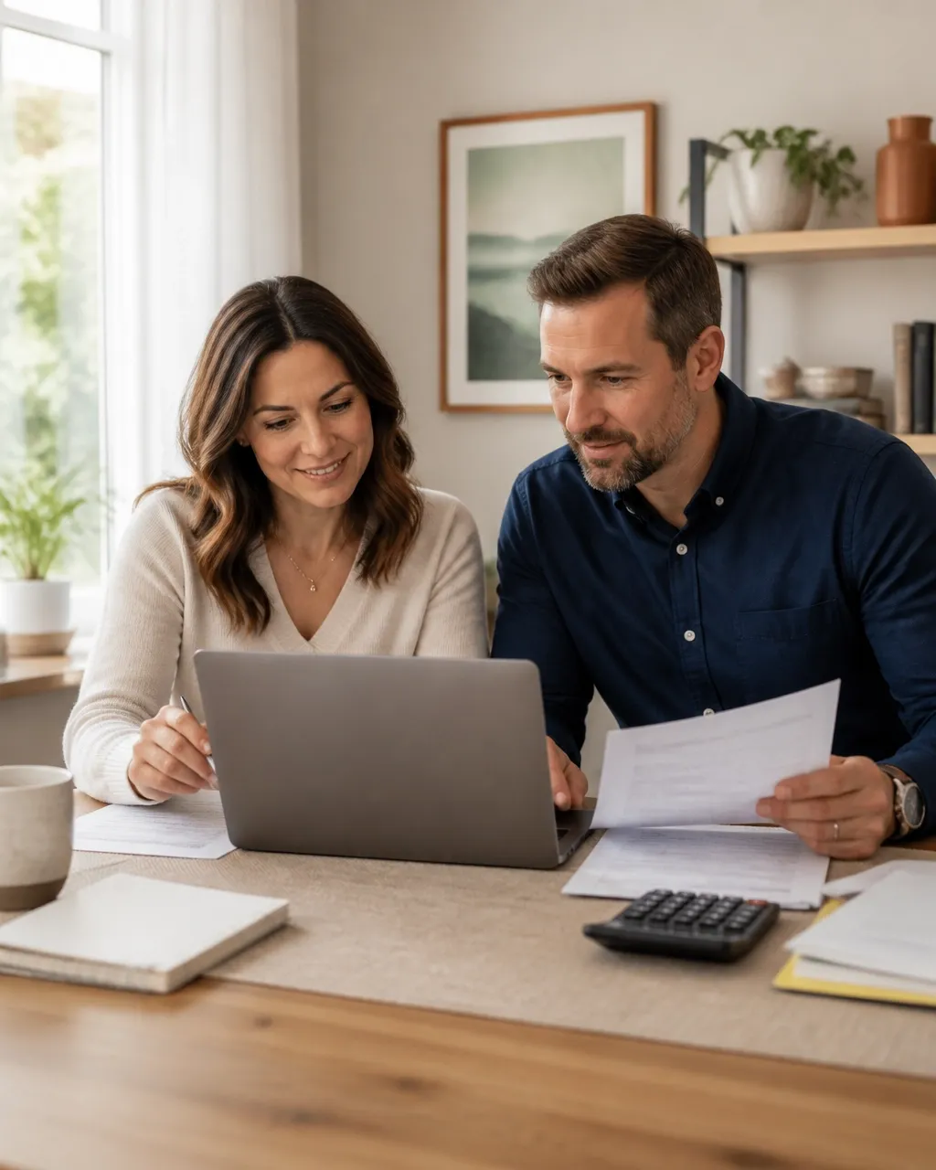 Tax professional and client reviewing documents together on a laptop in a warm home office